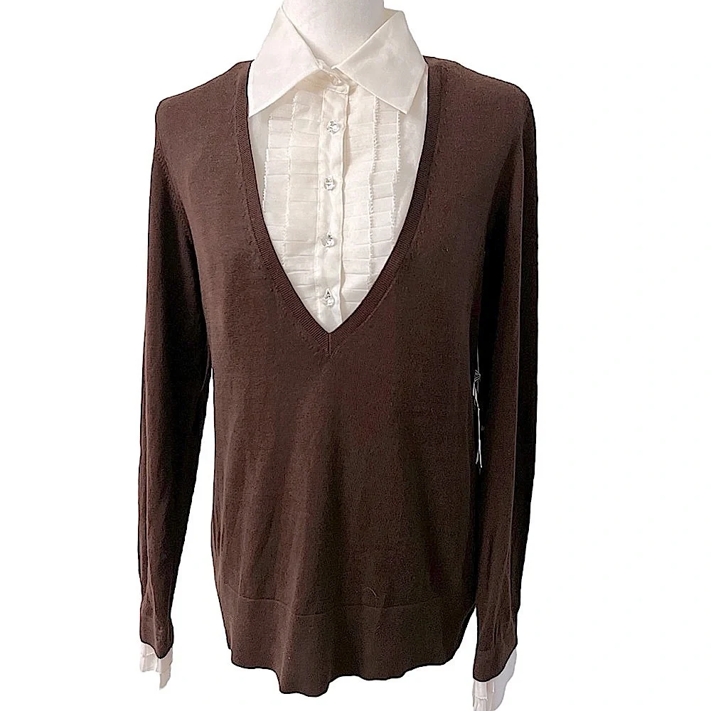 Worth V neck pullover sweater chestnut brown cream tuxedo dickie large NWT